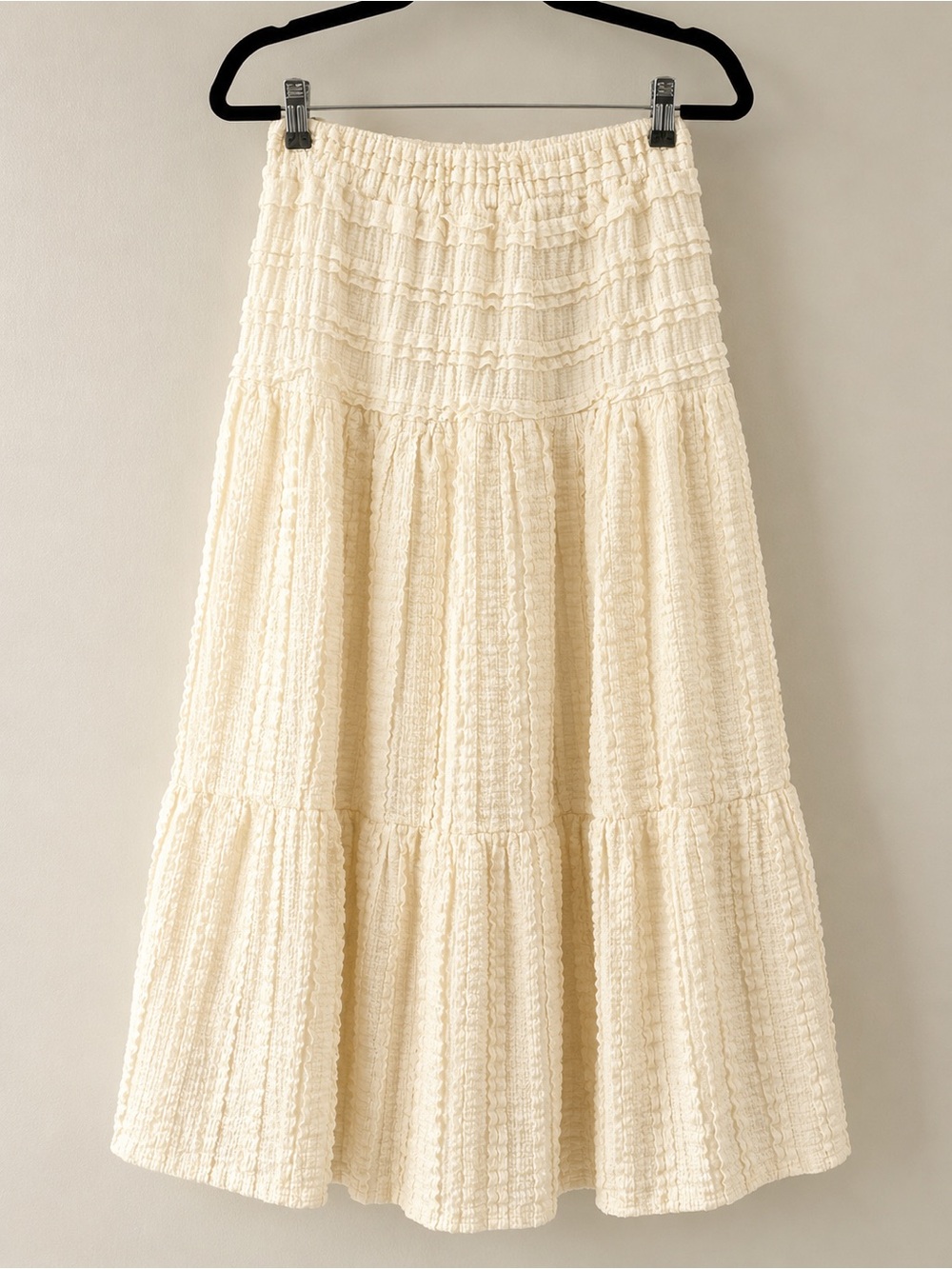 GLG Cream Boho Tiered Maxi Skirt with Smocked Waist and lining